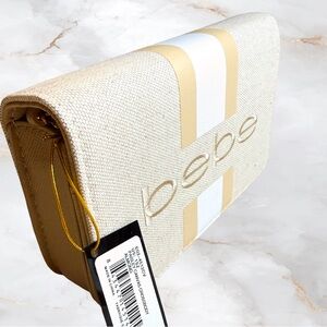 bebe BNWT paisley canvas crossbody almond card slots gold chain strap